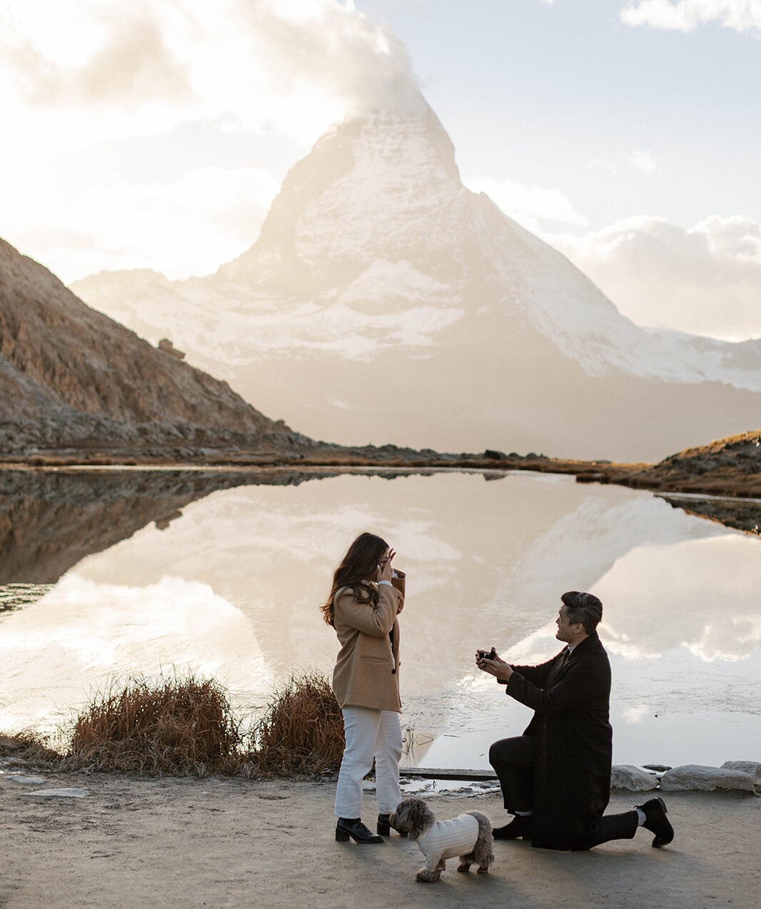 Engagement proposal by the Matterhorn at Riffelsee, with an Asian couple, the man on one knee and their dog standing by, surrounded by the stunning Swiss Alps